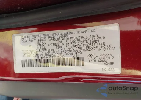 2004 Toyota Tundra Sr5 V8 z USA, uszkodzony, nr VIN 5TBDT441X4S435963